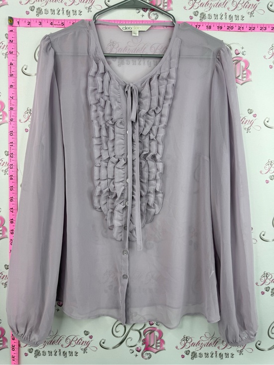 cleo Tops - cleo shirt blouse ruffles frilly tie up ribbon Lavender Ruffle Tie-Neck Blouse